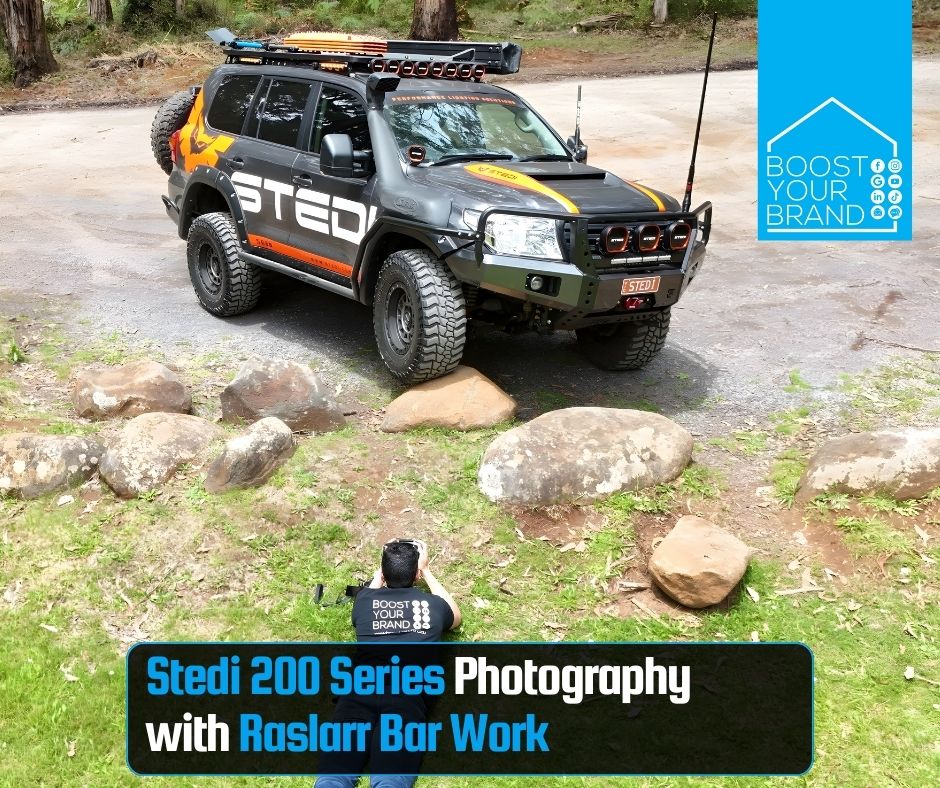 This is a drone photo of Tom Neivandt from Boost Your Brand Digital Marketing Agency taking photos and videos of the Stedi LED lights Toyota Landcruiser with Raslarr Dallas Bull Bar, Rear Bar, Wheel Carrier, Rock Sliders and Side Steps,