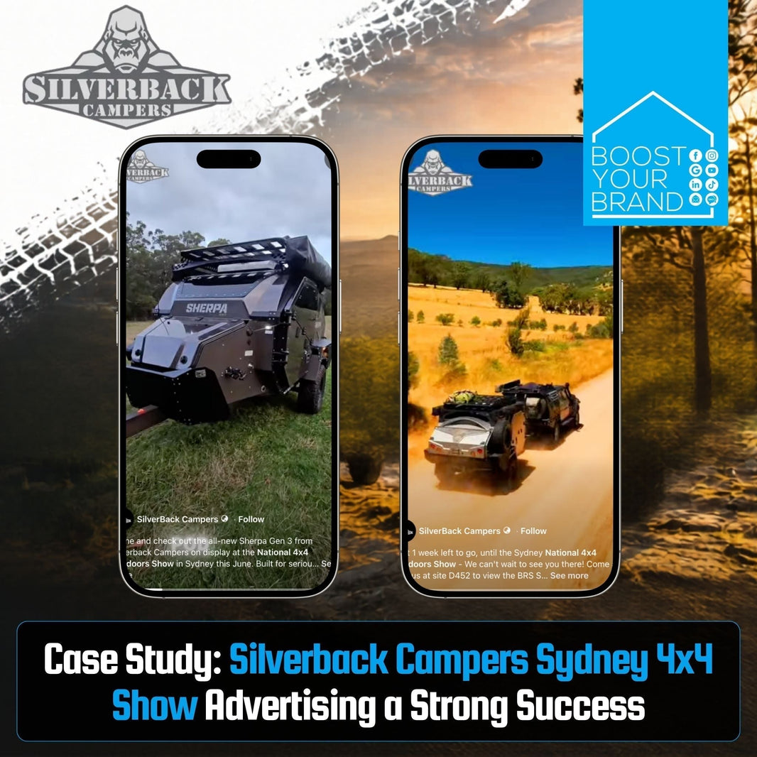 This is an image of Silverback Campers Case Study for Boost Your Brand Digital Marketing Agency, selling Sherpa BRS Camper Trailers at the Sydney National 4x4 Outdoors Show