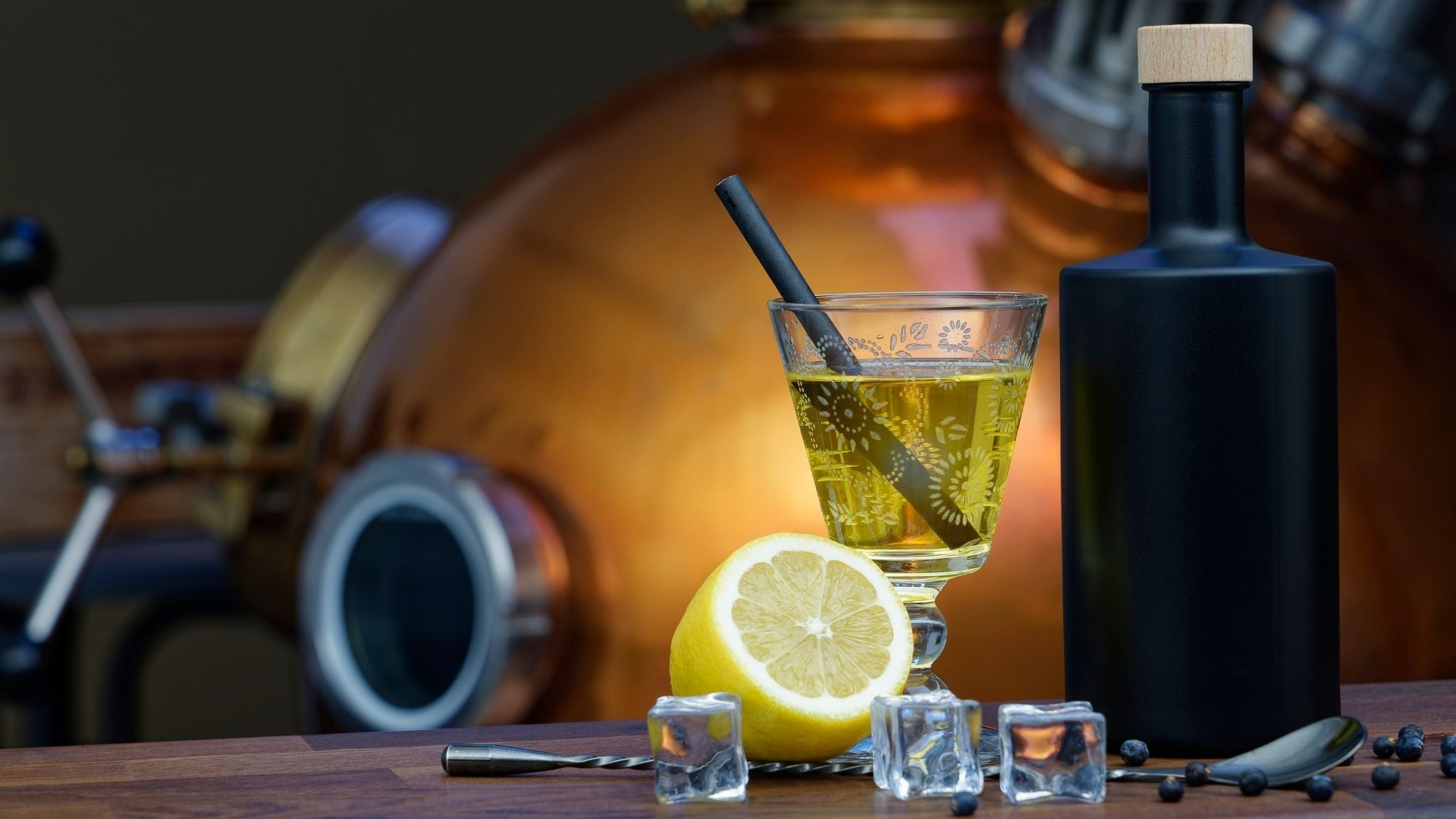this is an image of a gin bottle and cocktail with lemon and ice in a distillery setting with copper still background