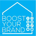 This is an image of the Boost Your Brand logo White logo on Blue background 04a2ee, Digital Marketing Agencyt and website builder for ecommerce and lead generation businesses. Based in Lilydale, Melbourne, Victoria, Australia